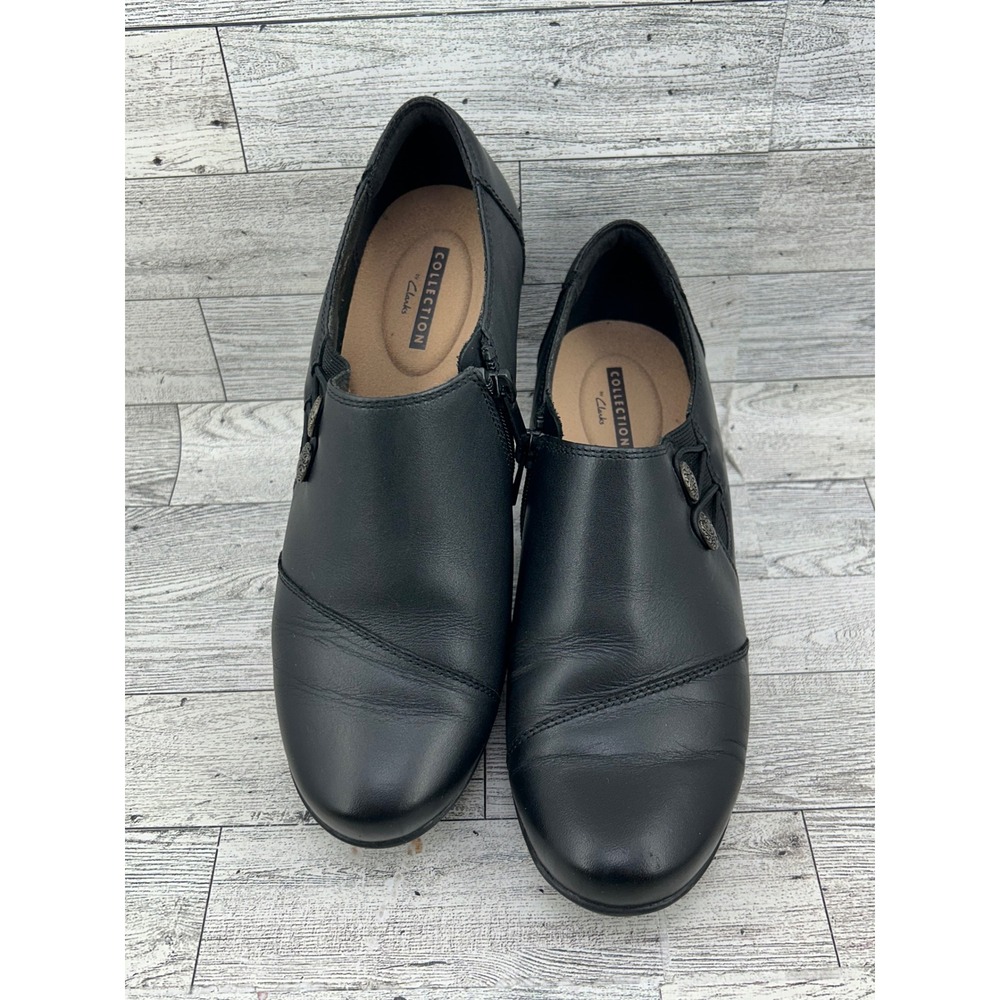 Clarks Collection Black Leather Ankle Booties Block Heel Zipper Women Size 7M